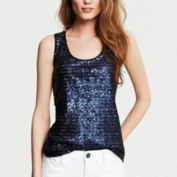 J. Crew Women's Navy Blue All Over Sequined Scoop Neck Tank Top Size L - Picture 1 of 11